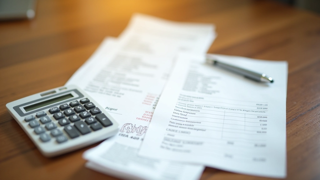 Reçus de courses et calculatrice sur un bureau organisé