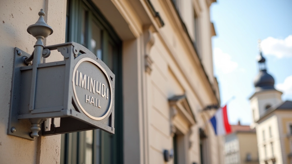 Panneau d'entrée d'une mairie française avec drapeau tricolore, bâtiment pierre classique, jour ensoleillé