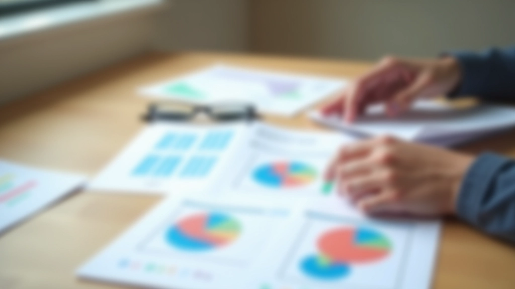 Gros plan de mains tenant des papiers administratifs colorés avec des graphiques, sur une table en bois clair, lumière naturelle