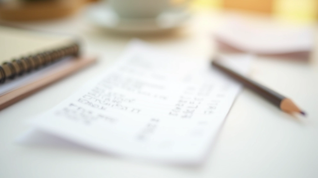 Bloc-notes manuscrit avec liste de courses et reçus éparpillés sur une table, crayon à proximité, éclairage naturel