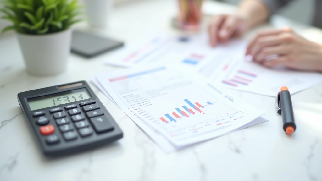 Calculatrice professionnelle et documents budgétaires sur un bureau organisé, stylo posé à côté, éclairage neutre