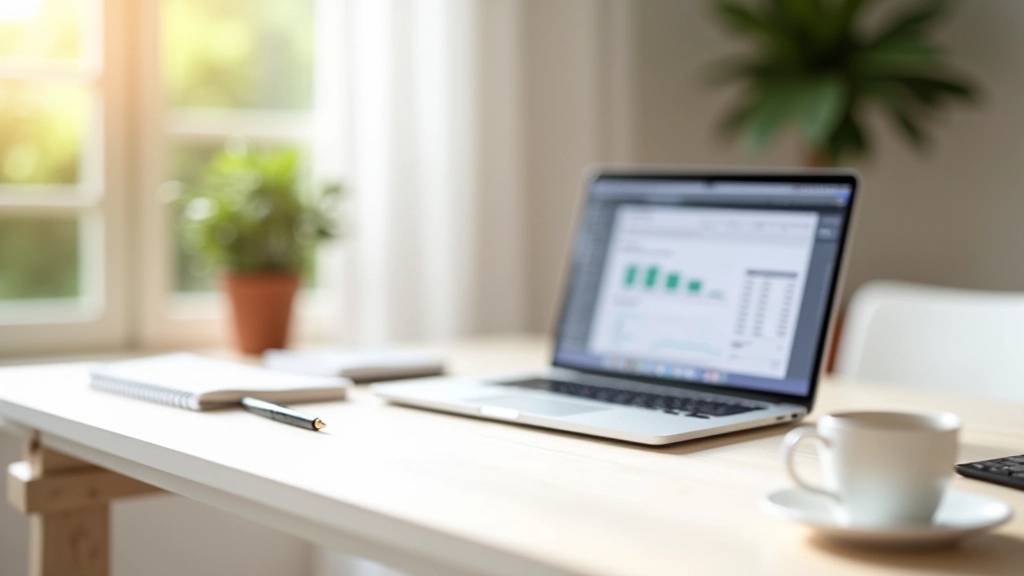 Bureau de travail organisé avec ordinateur portable, carnet et café, espace de travail épuré pour la planification budgétaire