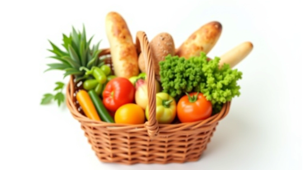 Panier d'épicerie avec produits essentiels sur fond blanc