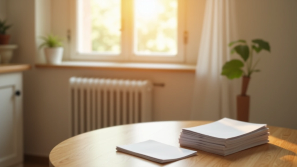 Appartement petit mais lumineux avec radiateur blanc, factures d'énergie empilées sur une table, lumière chaude de fin d'après-midi