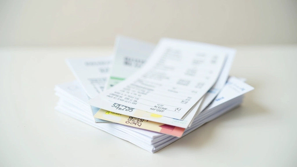 Billet de transport et cartes de réduction empilées, ticket de caisse avec des chiffres, composition organisée sur surface neutre