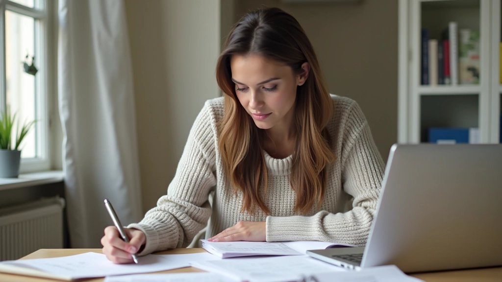 Femme qui travaille sur un ordinateur portable avec des documents financiers éparpillés autour, en train de prendre des notes
