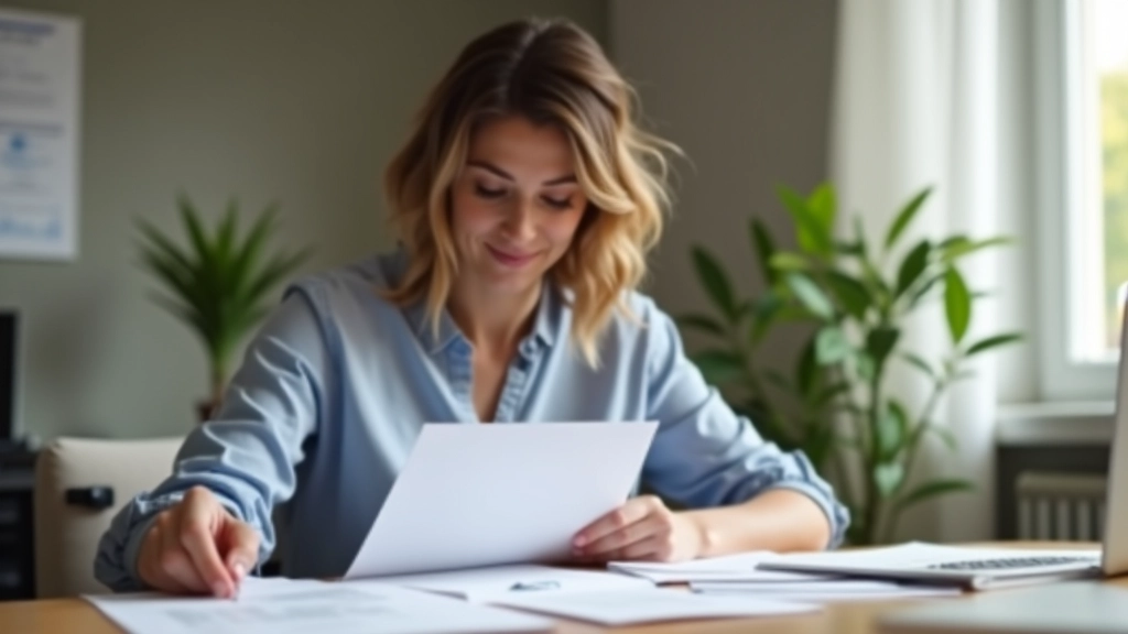 Femme adulte assise à un bureau, regardant un document financier avec concentration