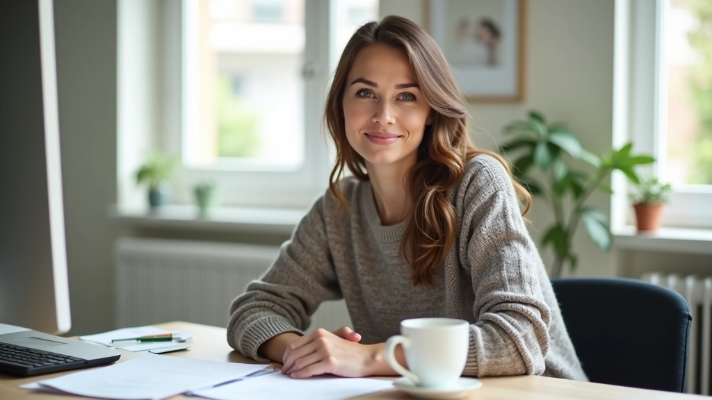 Femme âgée de 35 ans, assise à un bureau avec des documents administratifs et une tasse de café, dans un petit bureau lumineux