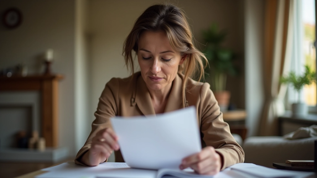 Femme vérifiant ses factures et relevés bancaires à la maison